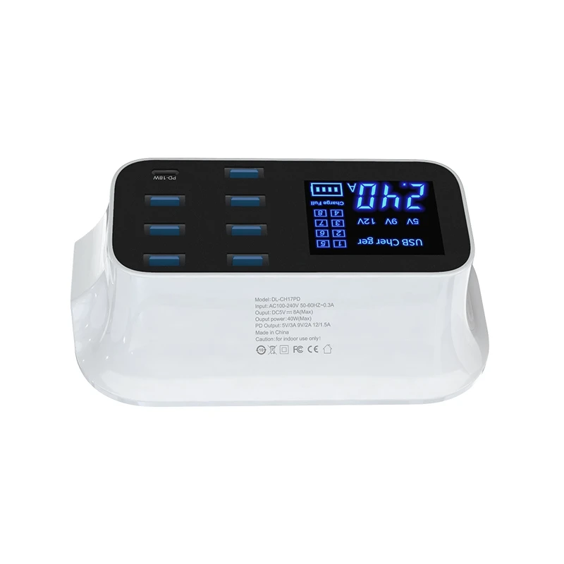 
Fast charging 40W 8 ports USB charger with LCD display Power Adapter Desktop Strip PD usb charger adapter 