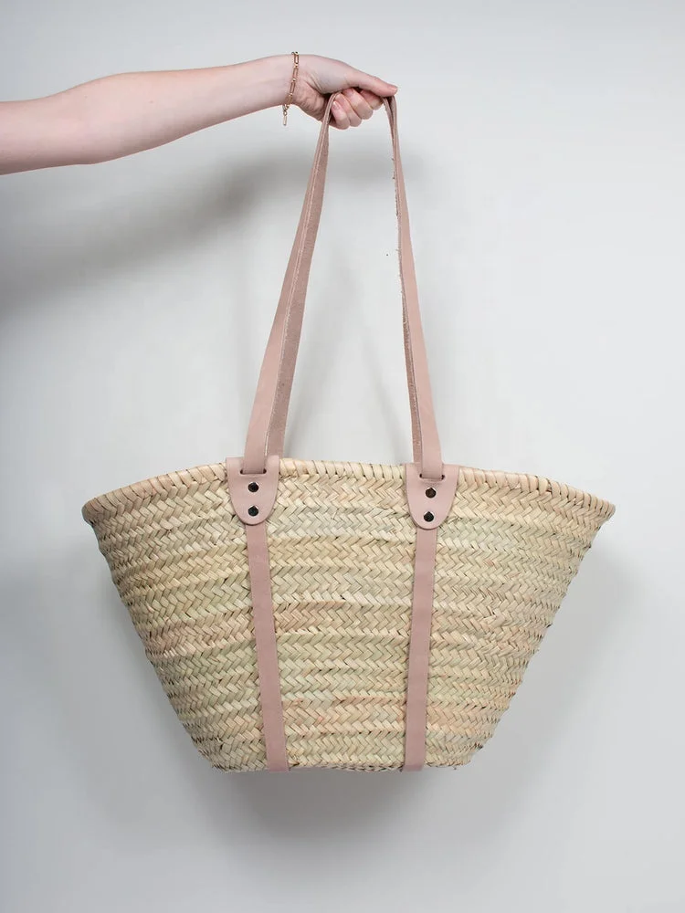 Professional manufacturer supply Handwoven Straw Tote bag French Shopping Basket With Leather Handles
