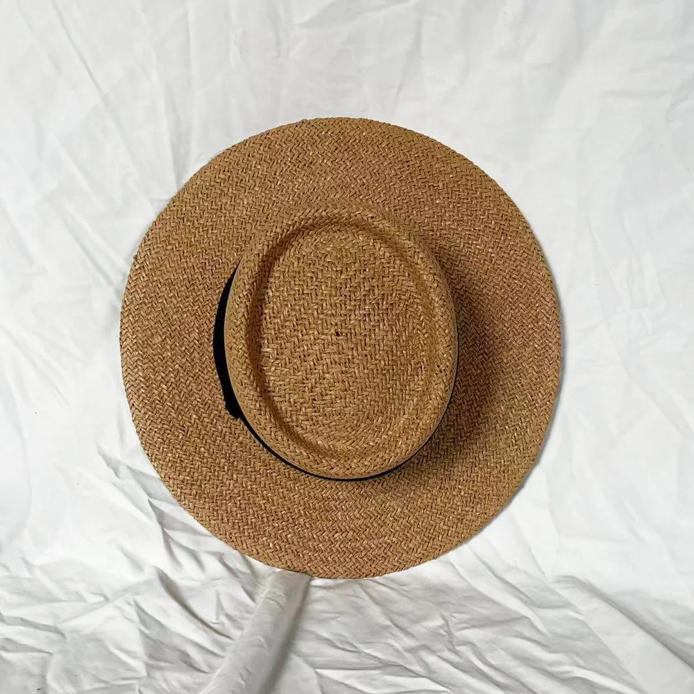 Custom 2024 Hot Sale  Vintage Women Summer Telescope  Boater Beach Sun Hat Hand Weave Paper Straw Hat with Cotton Ribbon
