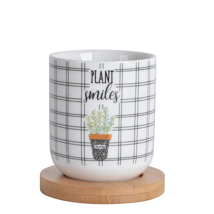 Wholesale Ceramic Tea Cup With Wooden Saucer Set Stoneware Coffee Mug Without Handle