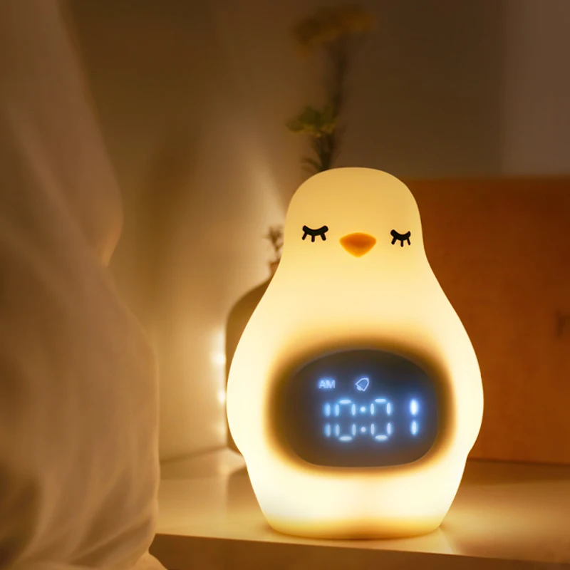 Amazon Best Selling Cartoon Penguin Rechargeable children kids sleep trainer alarm clock night light
