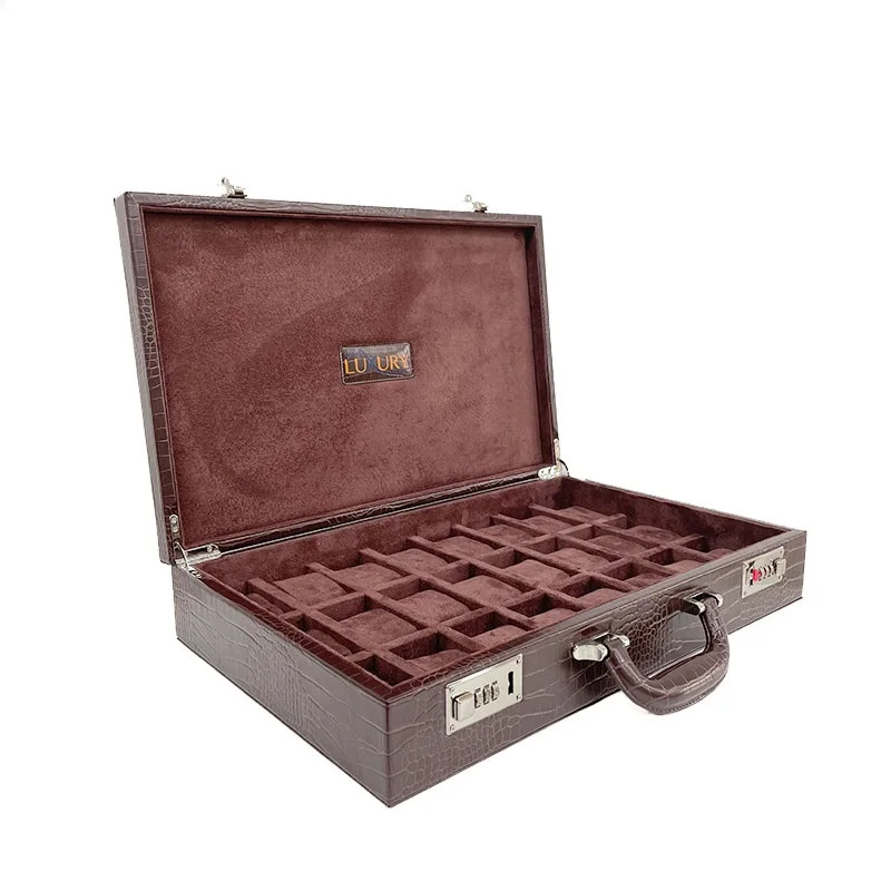 24 Slot Brown Alligator Crocodile PU Leather Watch Display Storage Briefcase Box with Password Lock