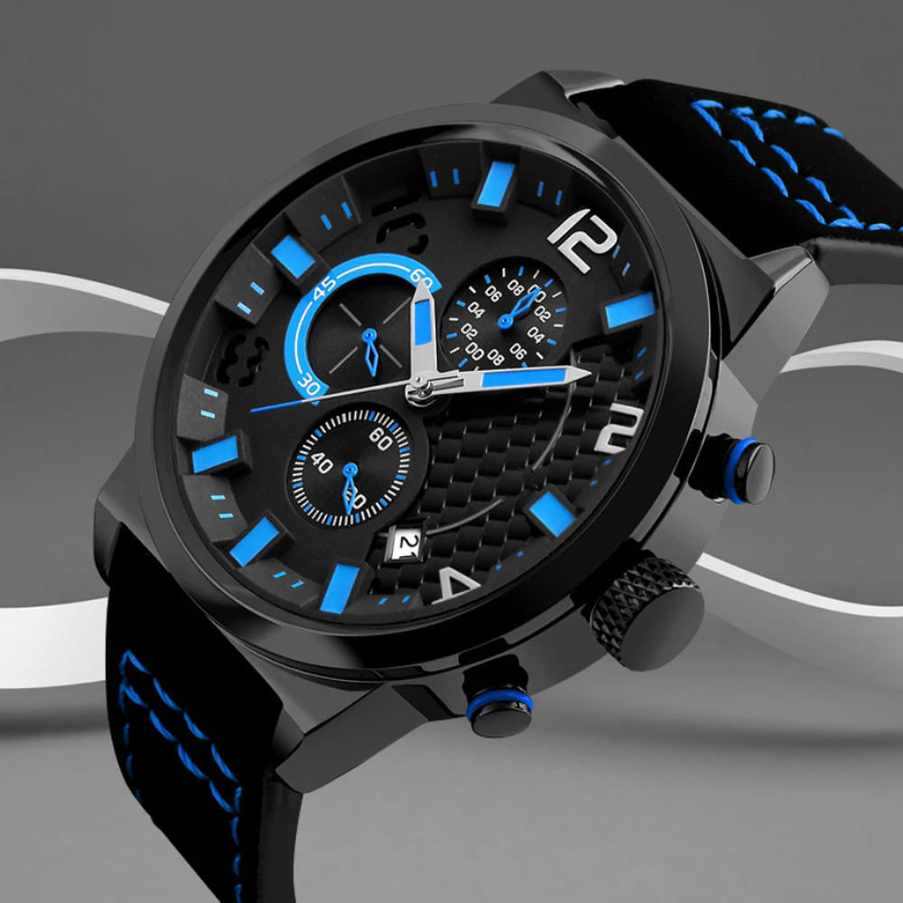 Best Men Japan Quartz Movement watch Chronograph Style Leather strap Quartz Men Luxury Wrist Watches