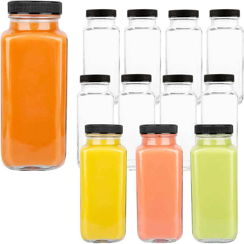 250ml 350ml 500ml Glass juice bottle. 8oz 12oz 16oz glass square shape juice bottle with cap
