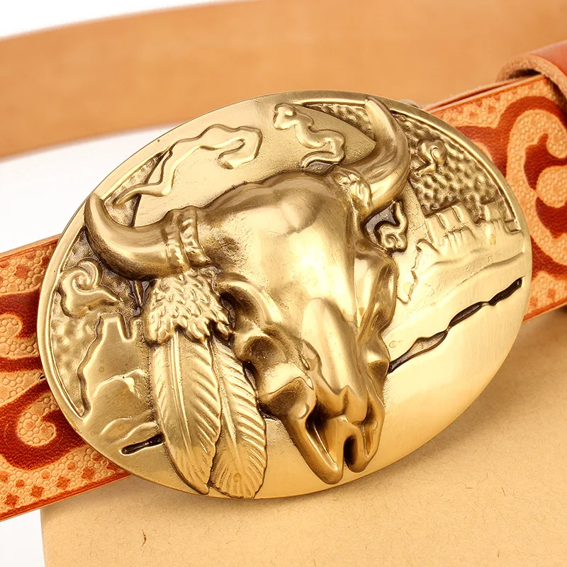 High quality 3.8cm width cow leather solid brass bull head beaded western name plate buckle italian genuine leather belt for men