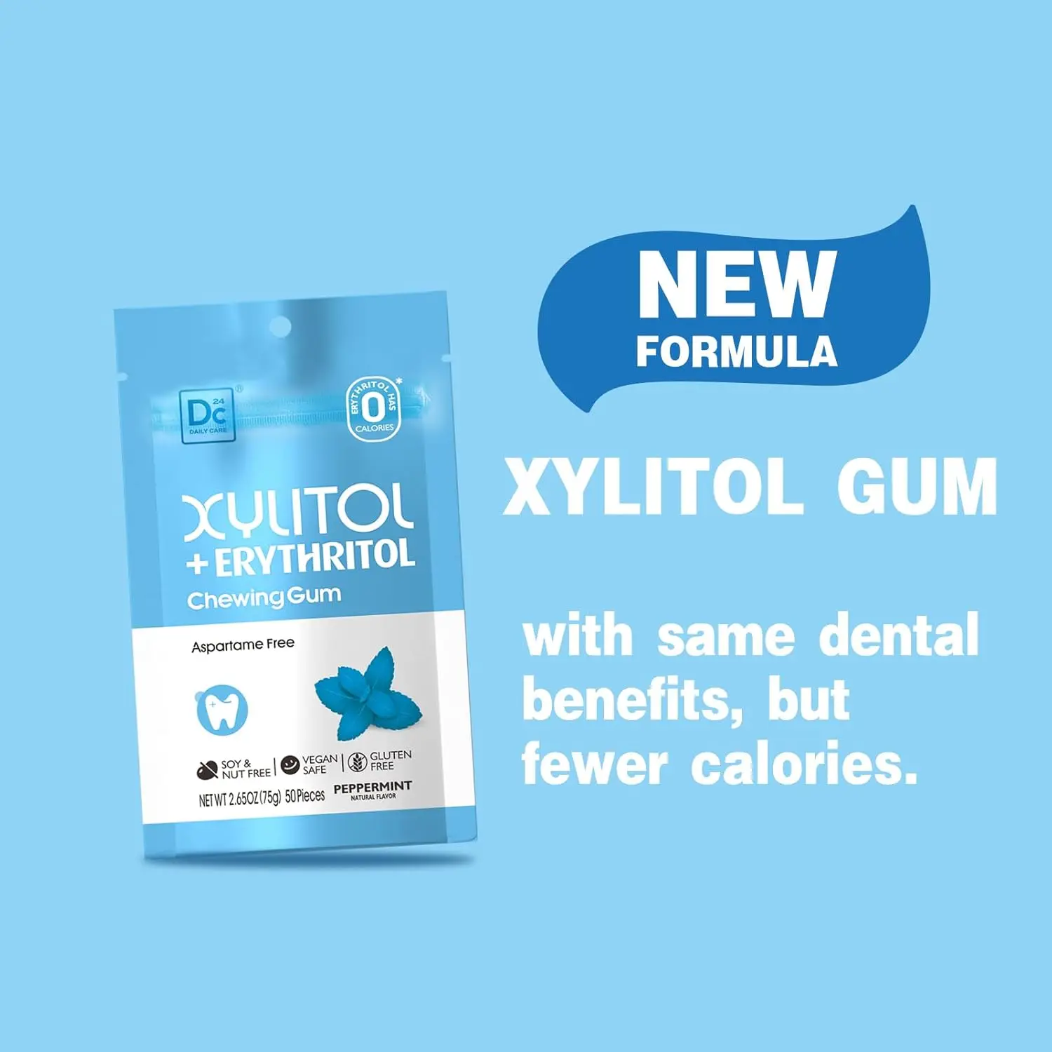 Dc24 Daily Care Erythritol Xylitol Sugar Free Vegan 75g One Pouch Peppermint Chewing Gum