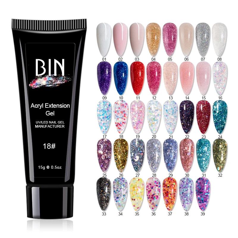 BIN High Quality 39 colors Glitter Color bling Acrylic Poly Gel Smooth Soak off UV gel Extension