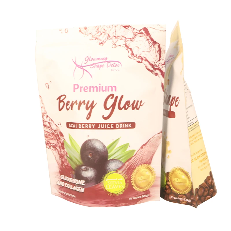 10 Sachets Custom Resealable Aluminum Foil Stand Up Pouch Berry Juice Drink Protein Powder Packaging Plastic Bag With Zipper