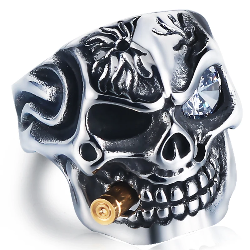 Heavy Stainless steel Punk Golden Bullet Red CZ Eye Skull Rings in Stock