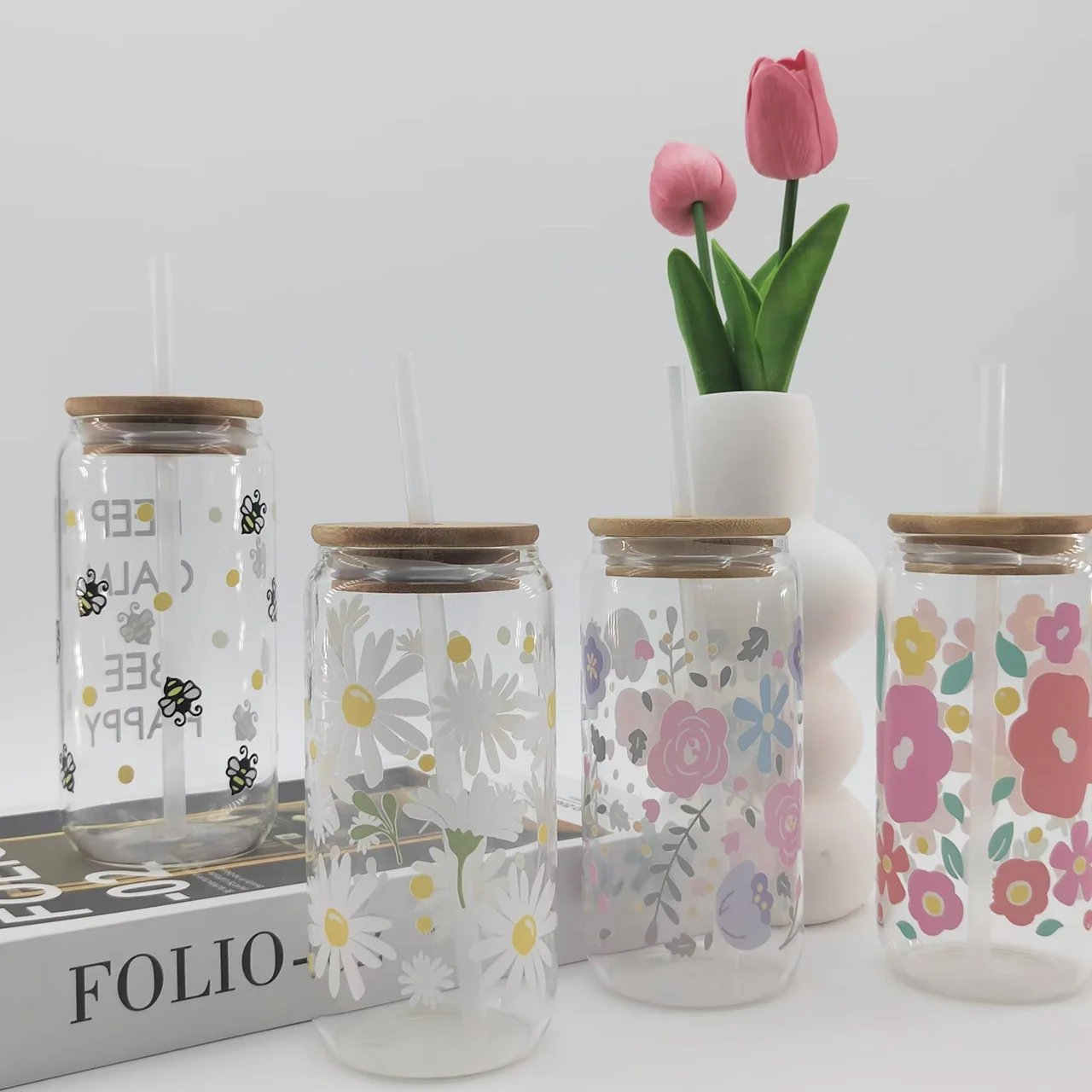 500ml different flower pattern Transparent Cola Glass Cup With Straw And Lid