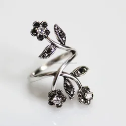 Stylish Silver Plated  Long Finger Rings Flower with Black Diamonds and Zircon