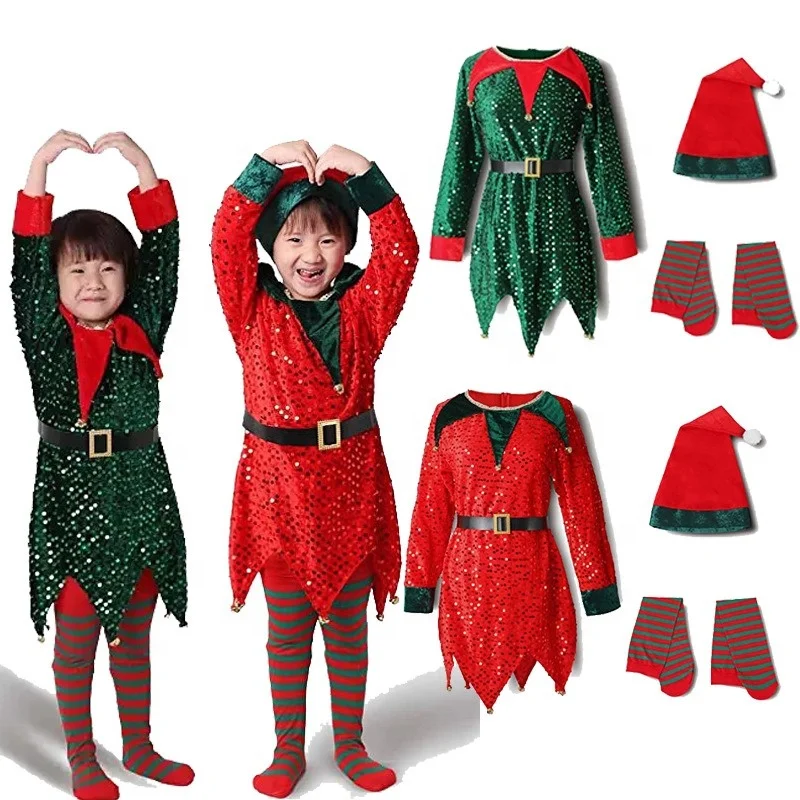 New Arrival Christmas Green Red Sequins Toddler Performance Costume Wholesale Christmas-Themed New Year Fancy Dress