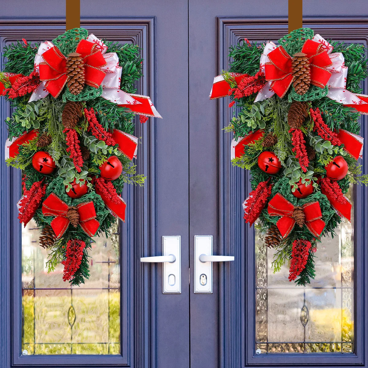 New Christmas Ribbon Bell Inverted Tree Wreath Door Hanging Christmas Bow Pine Rattan Decorative Wall Hanging