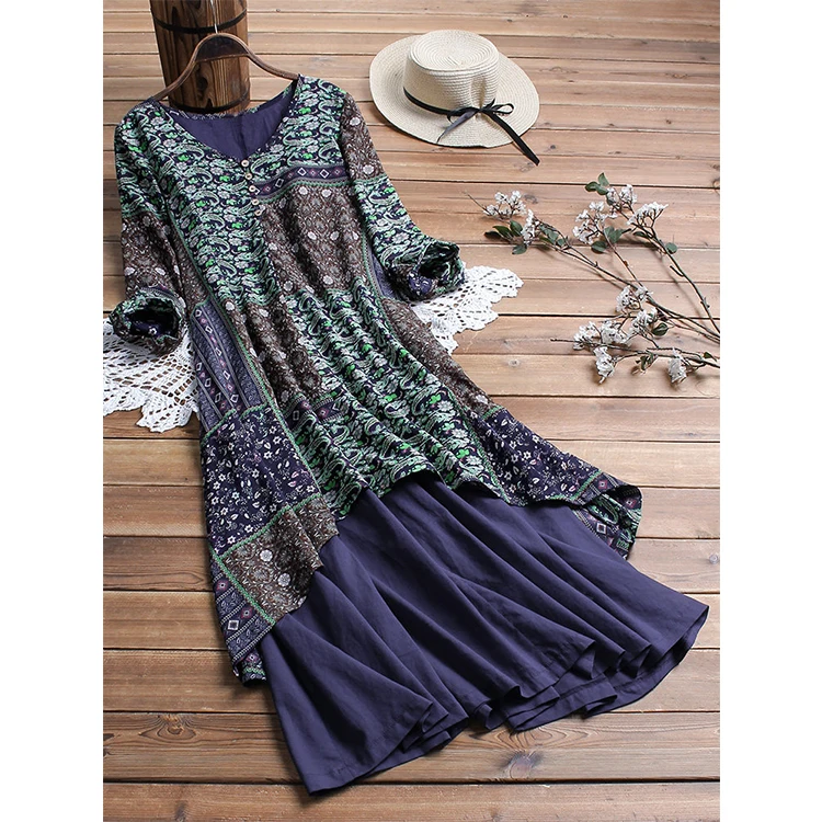 Ladies Casual Dress Light Green Floral Patchwork Layered Linen Blend Midi Long Floral Dress