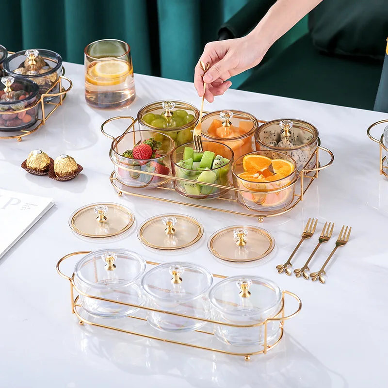 Creative Dried Fruit Plates Glass Serving Dishes Snack Dessert Candy Dish With Lid Metal Tray