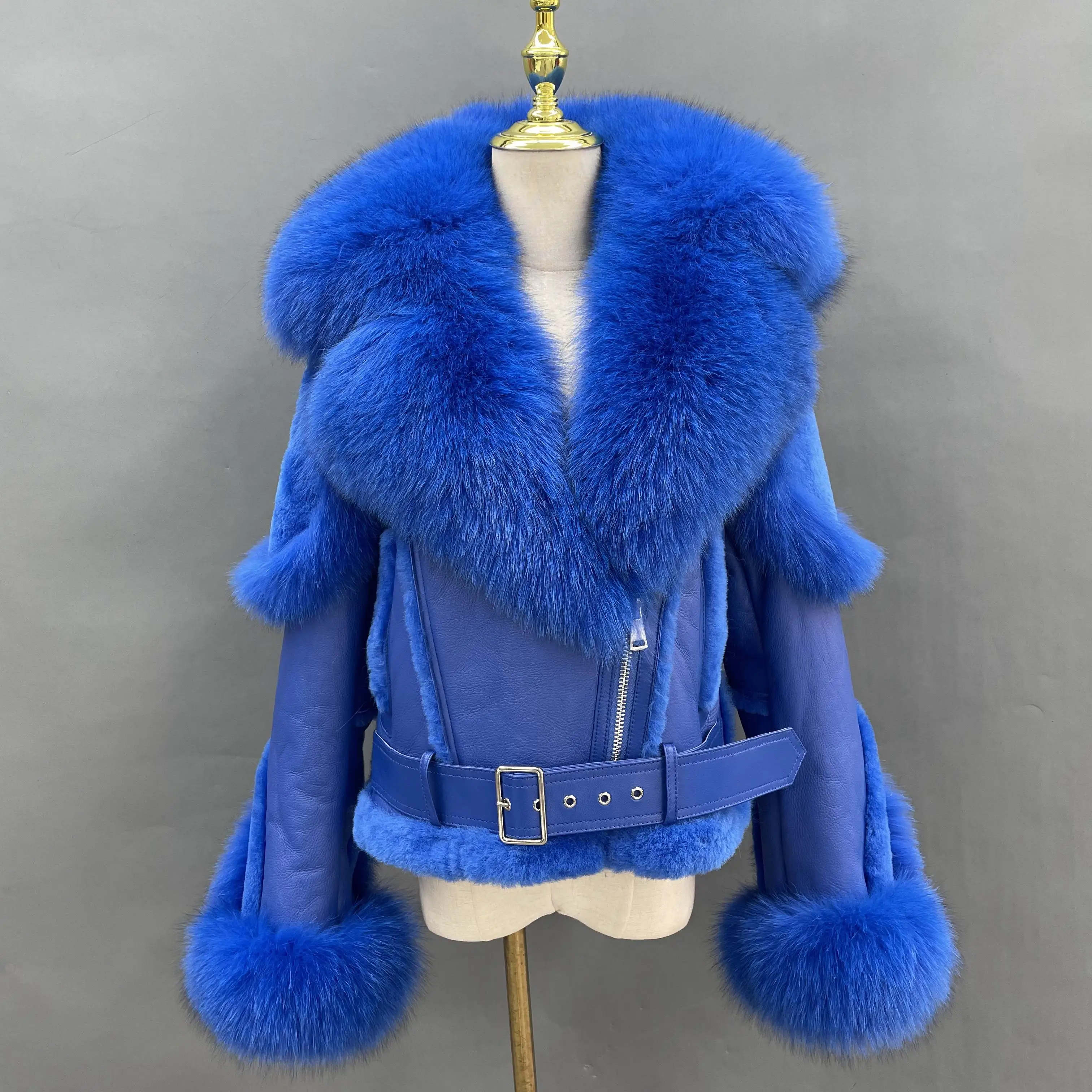Janefur New Short Style Sheepskin Leather Jacket With Real Fox Fur Collar And Cuffs Female Sheep Shearling Coat