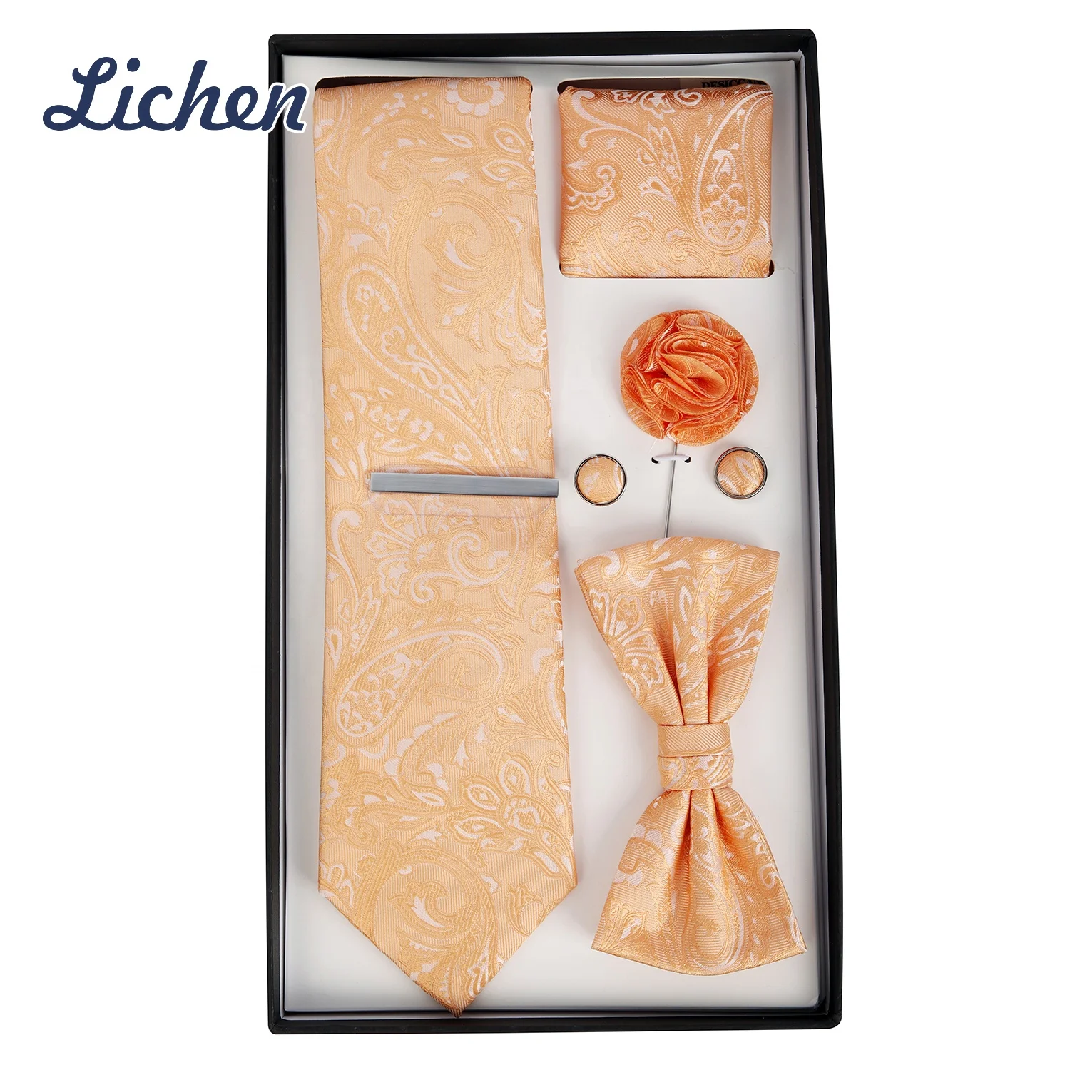 Striped Plaid Mens Tie Formal Necktie Pocket Squares Ties Clips Cufflinks Classic for Men Gift Box Set