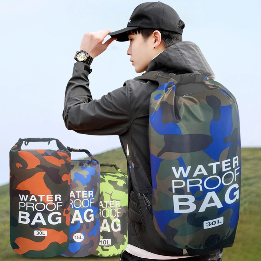 Custom Print Logo Swim Ocean PVC Roll-Top Outdoor Pack Ice Reusable Camouflage Waterproof Dry Bag With Shoulder Strap