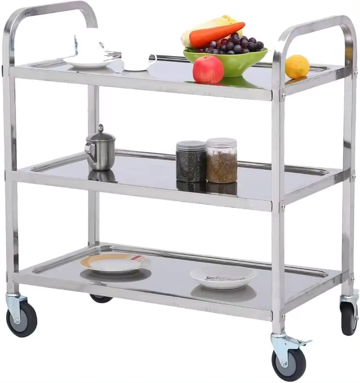 Stainless Steel Thickened Dining Cart Large Rolling Cart Service Catering Storage Cart with Locking Wheels Kitchen Trolley