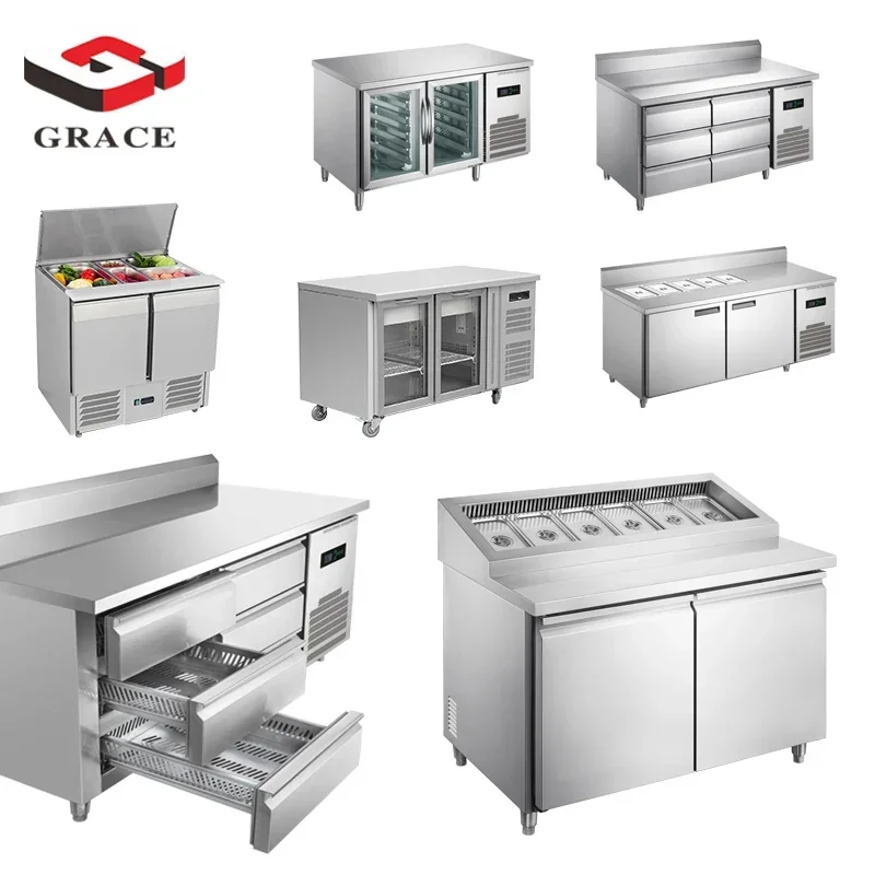 Customizable Grace Commercial Refrigerated Chiller Saladette Bar Worktop Stainless Steel Display Buffet Salad Counter
