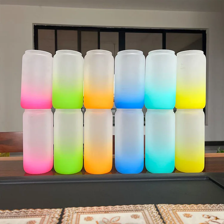 16oz 25oz frosting sublimation iridescent gradient soda beer can cup blanks glass can 20oz with bamboo lid and straws