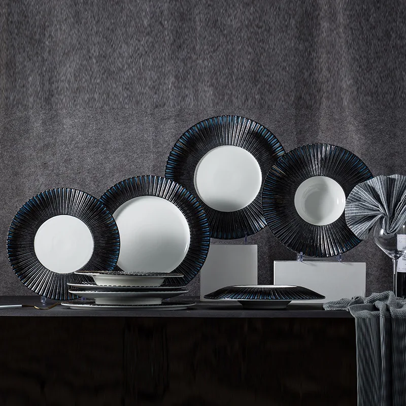 plate ceramic plates restaurant use porcelain dinner dish Black blue stereoscopic Wedding Banquet Hall Event Serving plate