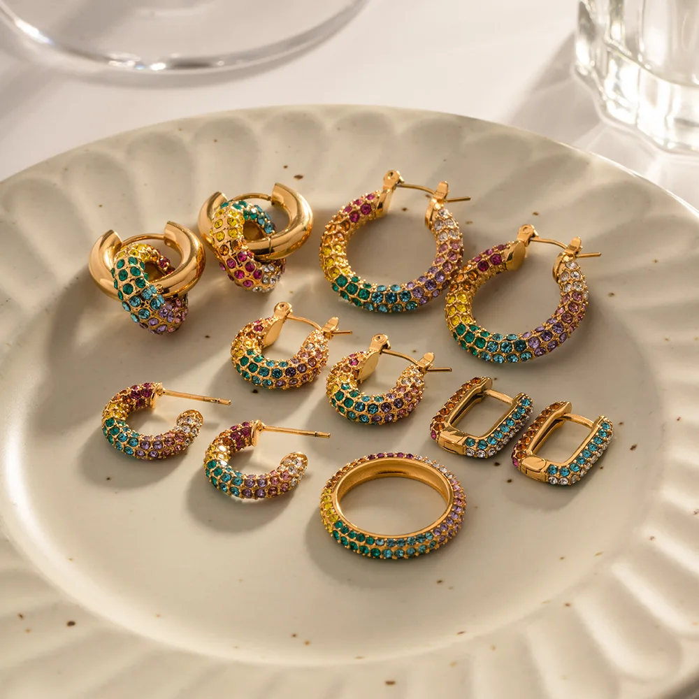 Full Inlaid Color Cubic Zirconia Huggie Hoop Earrings Wholesale Stainless Steel 18k Gold Plated Jewelry Sets Earrings And Ring