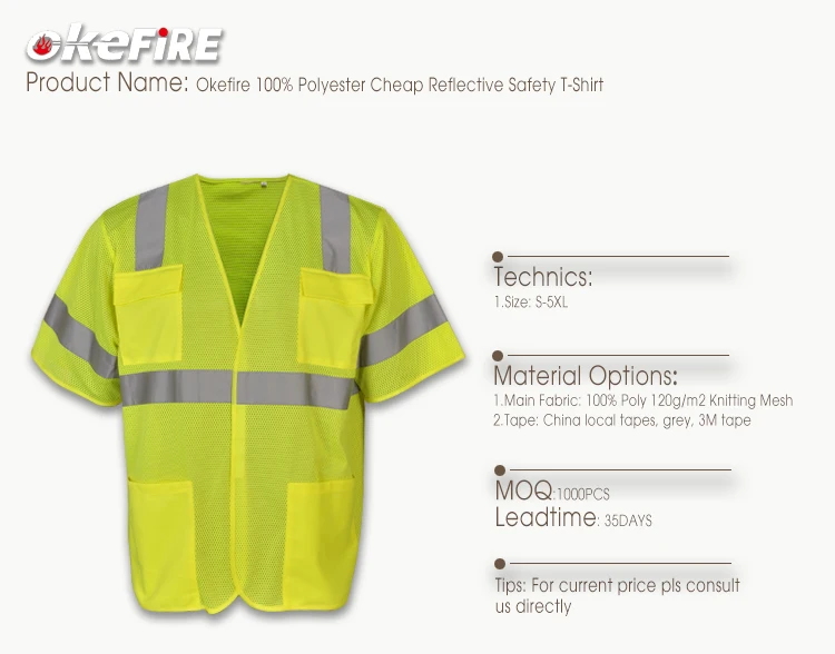 Okefire Custom Logo High Reflective 100% Polyester Cheap Breathable Yellow Reflective Print Safety T-Shirt