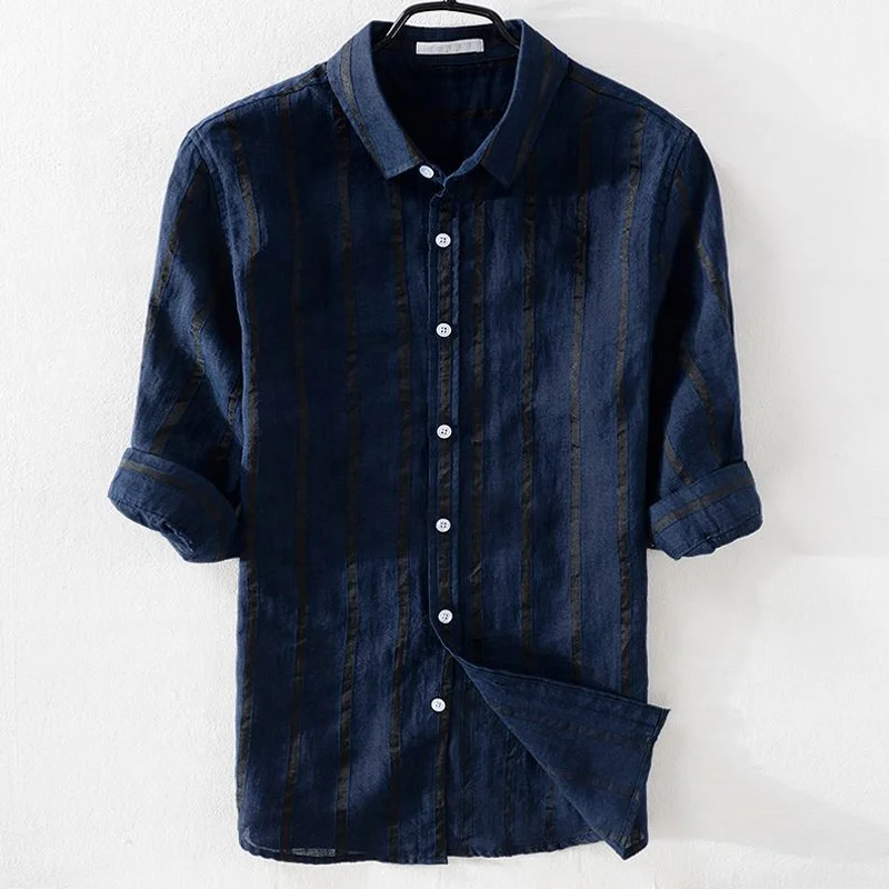 High quality custom cool breathable fancy striped half sleeve men casual  linen hemp shirts for summer