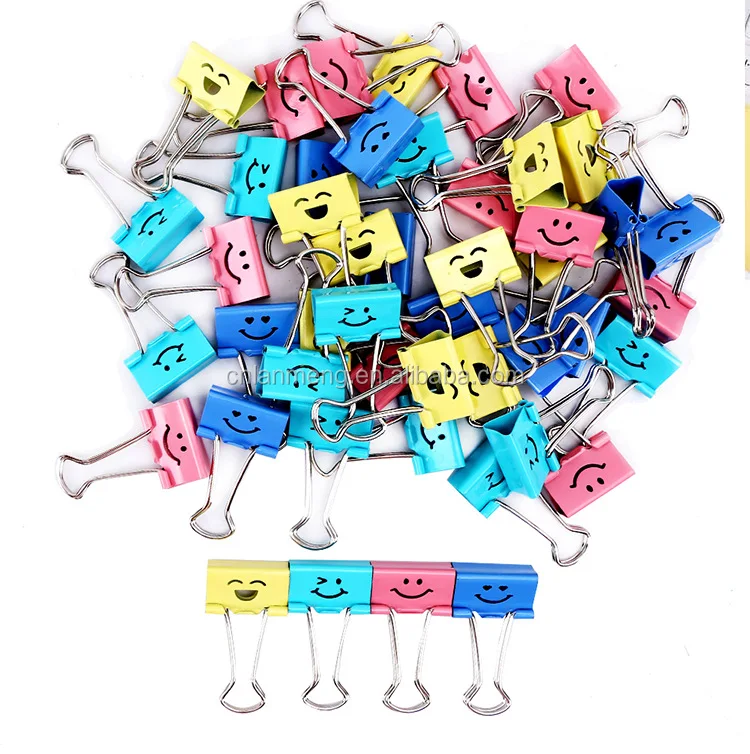 19MM metal colorful smiling binder clips  office  stationery  documents clips fold back clips