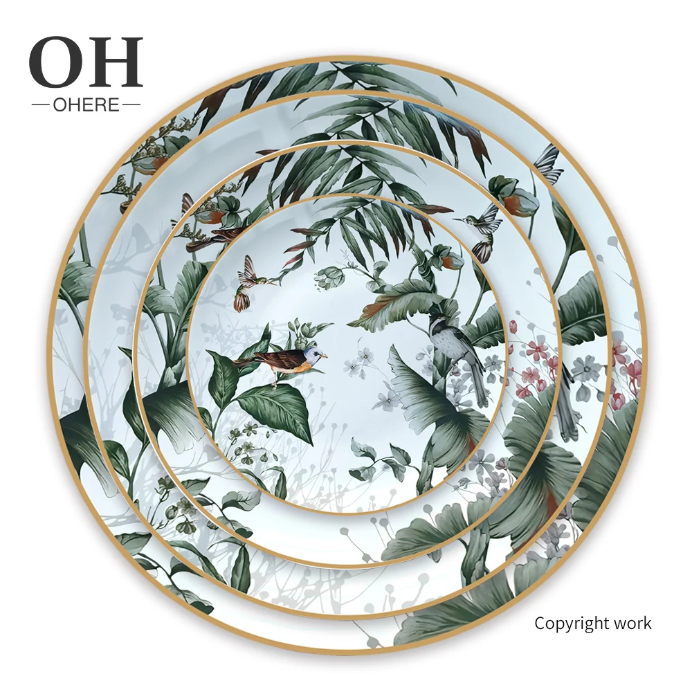 Ohere Wedding dinnerware set gold rim ceramic dinner plate dish luxury /charger/salad/BB plate for party&restaurant&hotel