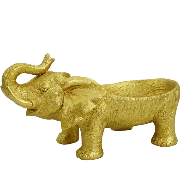 Delux Home Accents Golden Touch Resin Big Belly Trunk-up Elephant Figurine Bowl Decorative Statues for Home