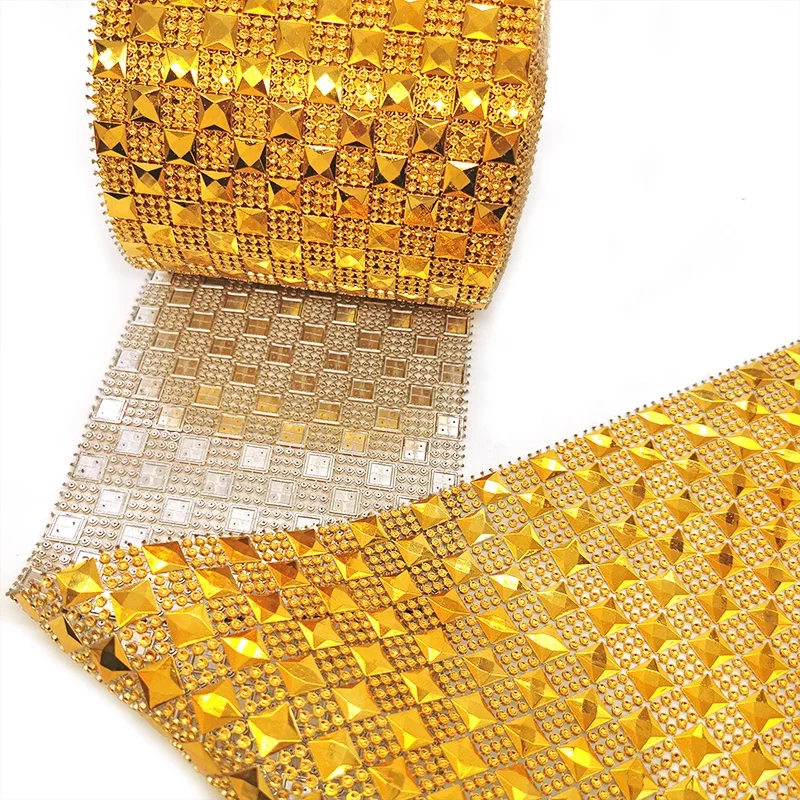 wholesale 10 yard rose golden pyramid studs checkered rhinestones diamond mesh wrap roll pattern ribbon for mirror frame decor