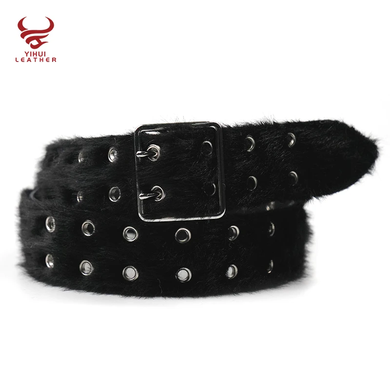 Wholesale fancy punk faux fur leather belt men double pin buckle studded holes black horse hair PU leather belt for women
