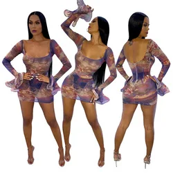 S04192 New arrival 2020 Sexy women sexy mesh sheer transparent print mini dress Women clothing Night Club Dress Two Piece Skirt