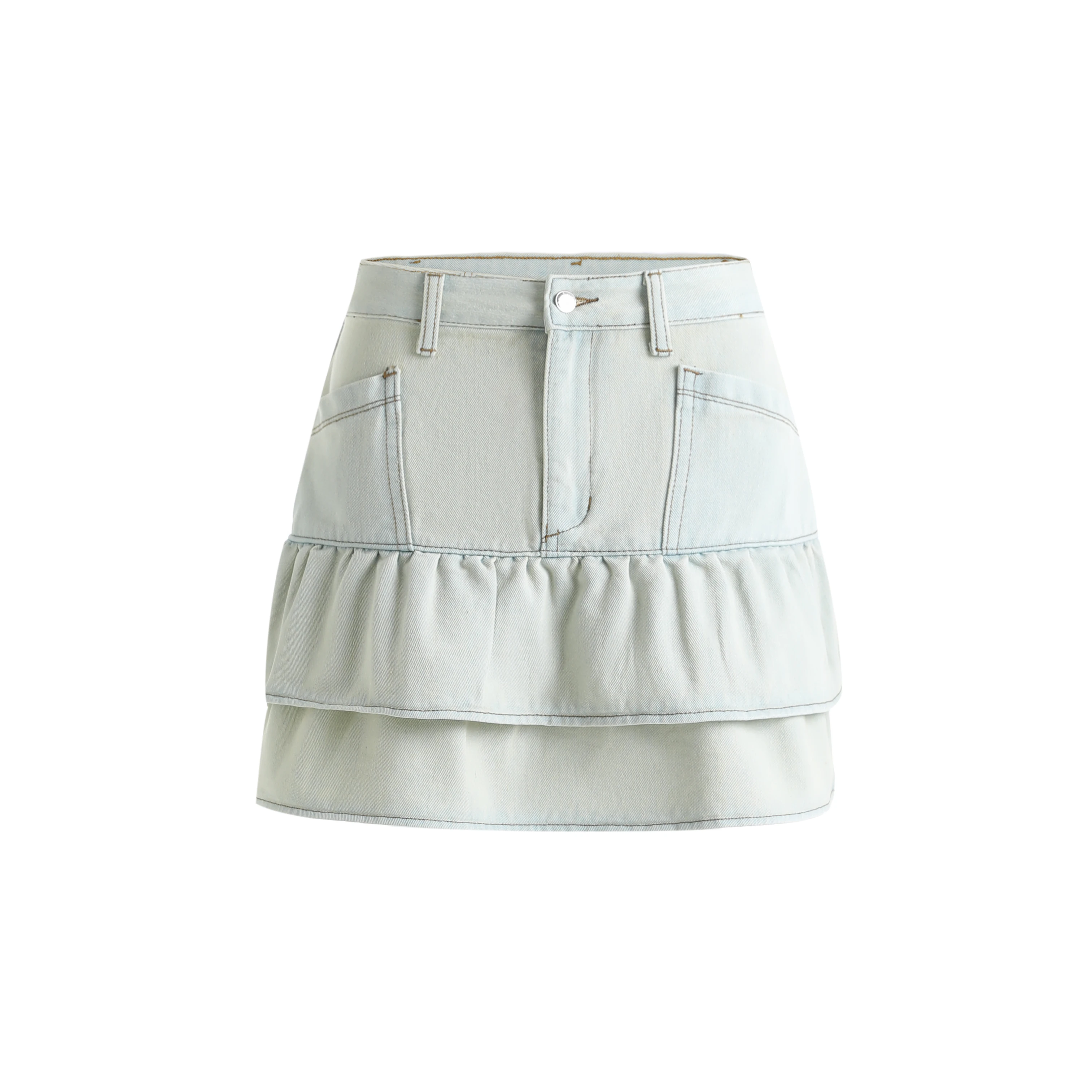 Manufacturer Wholesale denim ruffle skirt 73% Cotton 18% Polyester 9% Viscose light denim ladies mini skirts women