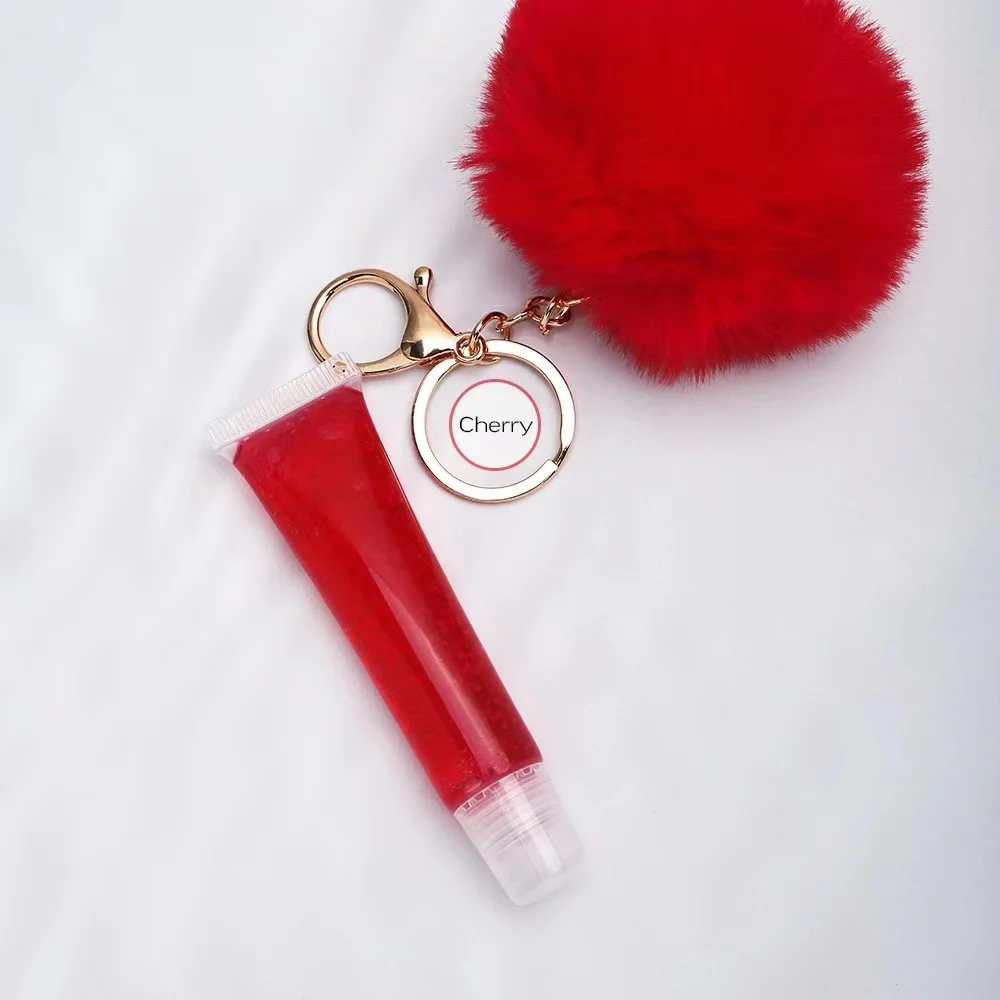 Private label lip glossy clear lip gloss container with Pompom ball chain customized liquid lipgloss with key chain