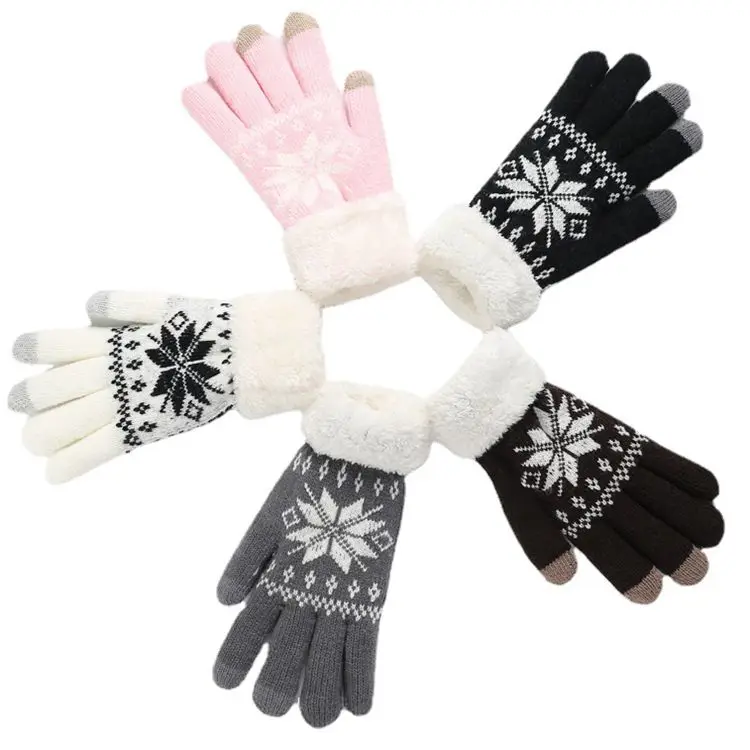 Женские толстые кашемировые двухслойные зимние перчатки с узором в виде снежинок лыжные теплые пальцами для сенсорного