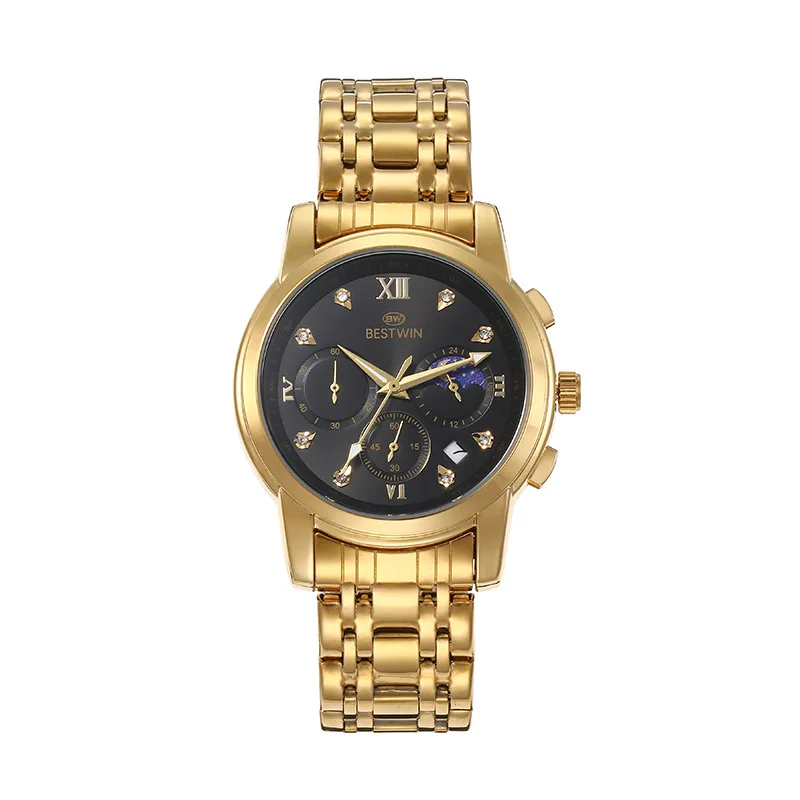 BESTWIN watch High Quality Top Brand Luxury Stainless Steel Quartz Moon Phase Movement Business Watches Men 30M  wrist watch