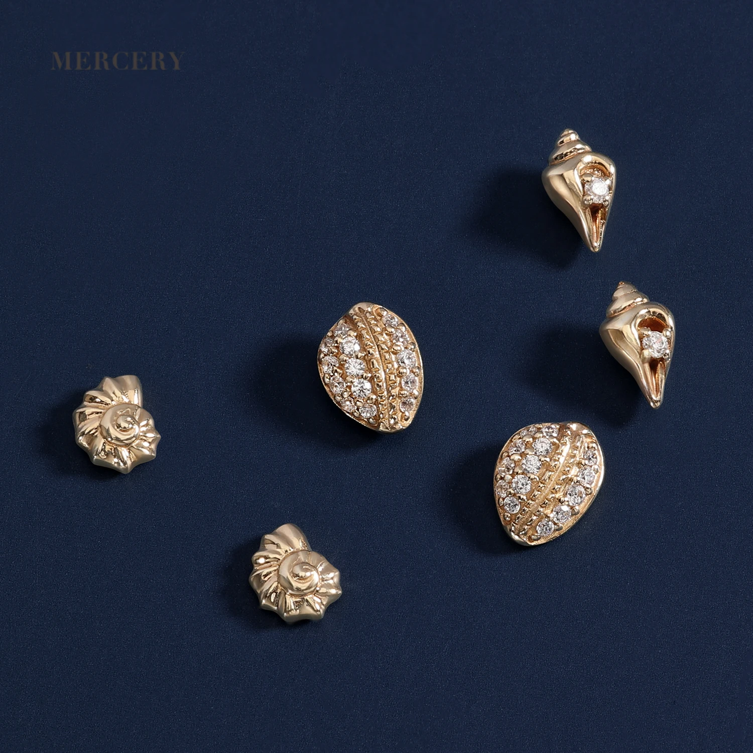 Mercery Forecast Recycle Gold Trend Personalized Summer Beach Pearl Shells Tiny Studs Diamond 14K Solid Gold Earring for Women