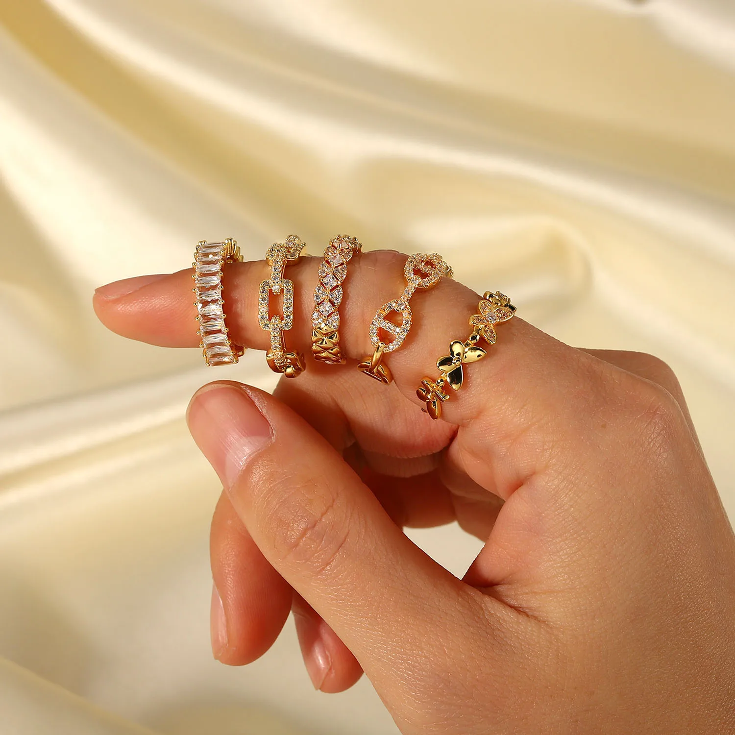 Ins Hot 18K Gold Plate Copper Zirconium Inlaid Open Rings Jewelry Fashion Retro Style Pair Geometric Ring For Women