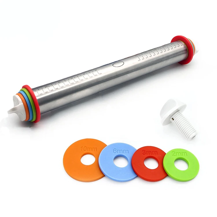 New design silver color Adjustable Dough Roller Non-Stick Stainless Steel Cookie Rolling Pin with mat