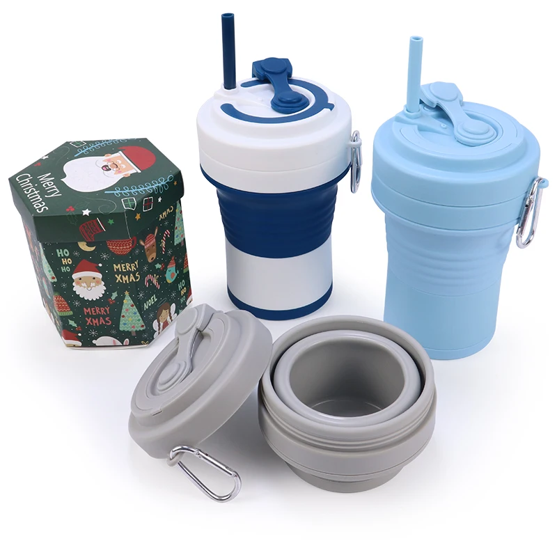 Customize 550ml Folding Collapsible Silicone Drinking Water Cup Foldable Silicon Reusable Plastic Coffe Camping Cups with Straw