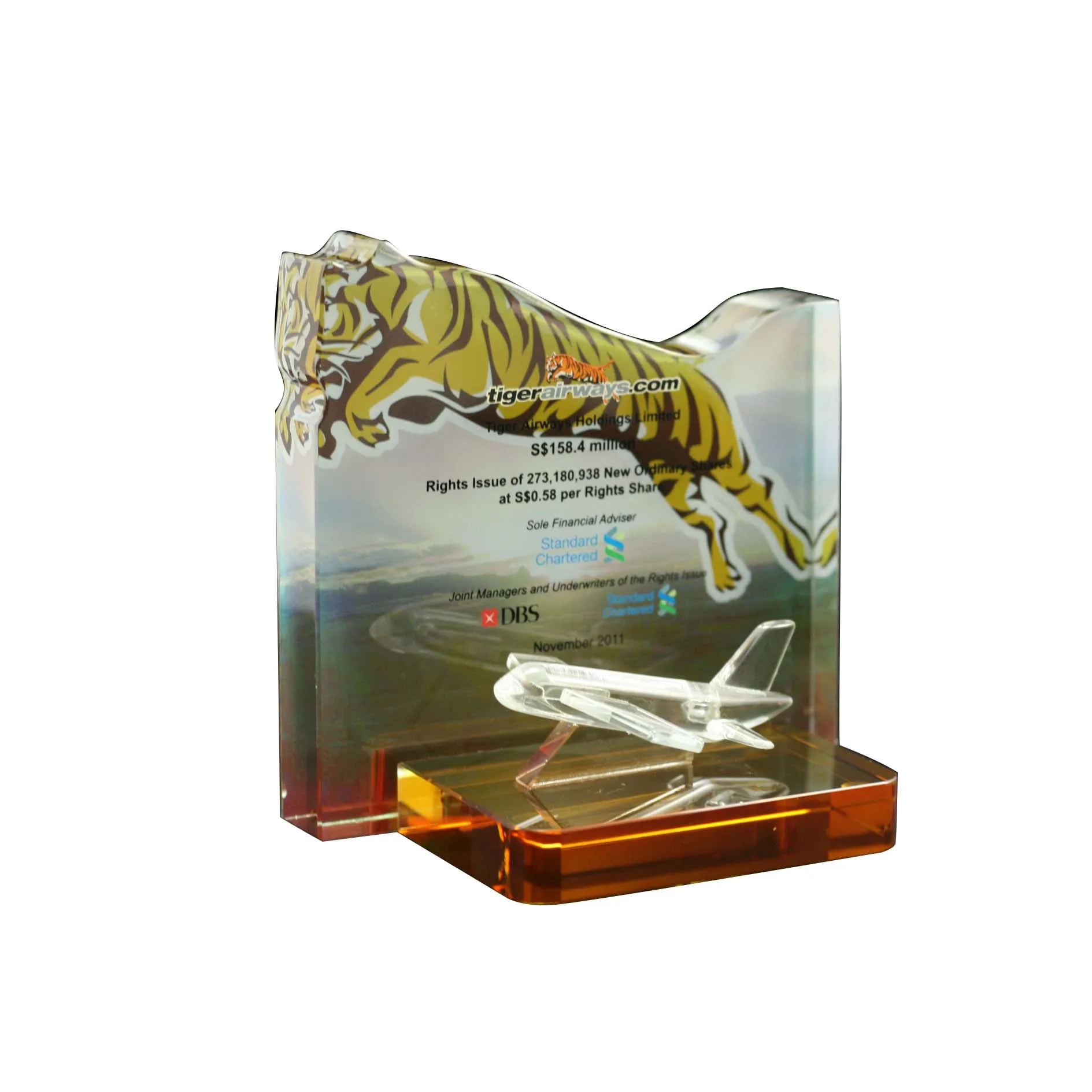 Hot sale new unique tiger crystal trophy award with crystal plane model orange base blank crystal plaque for souvenirs/gifts