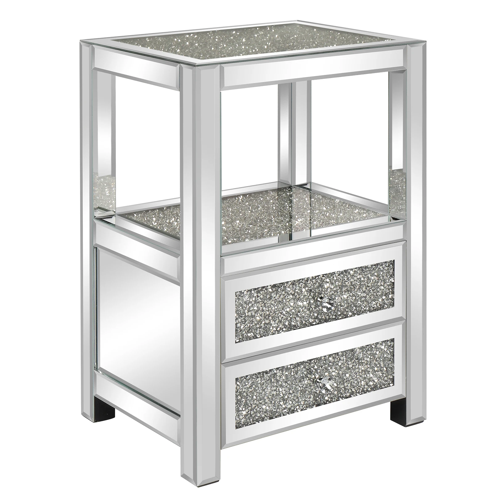 Modern Crushed Diamond Mirrored Nightstand with 2-Drawers Mirror Sofa Side Table End Table Silver Bedside Table for Living Room