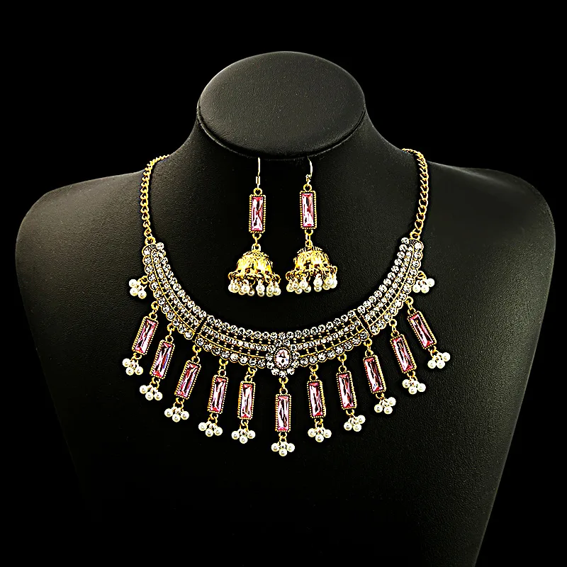 Luxury Gold Color Geometric Necklace Set Women Vintage Choker Crystal Bridal Wedding Necklace Earring Set Fashion Indian Jewelry