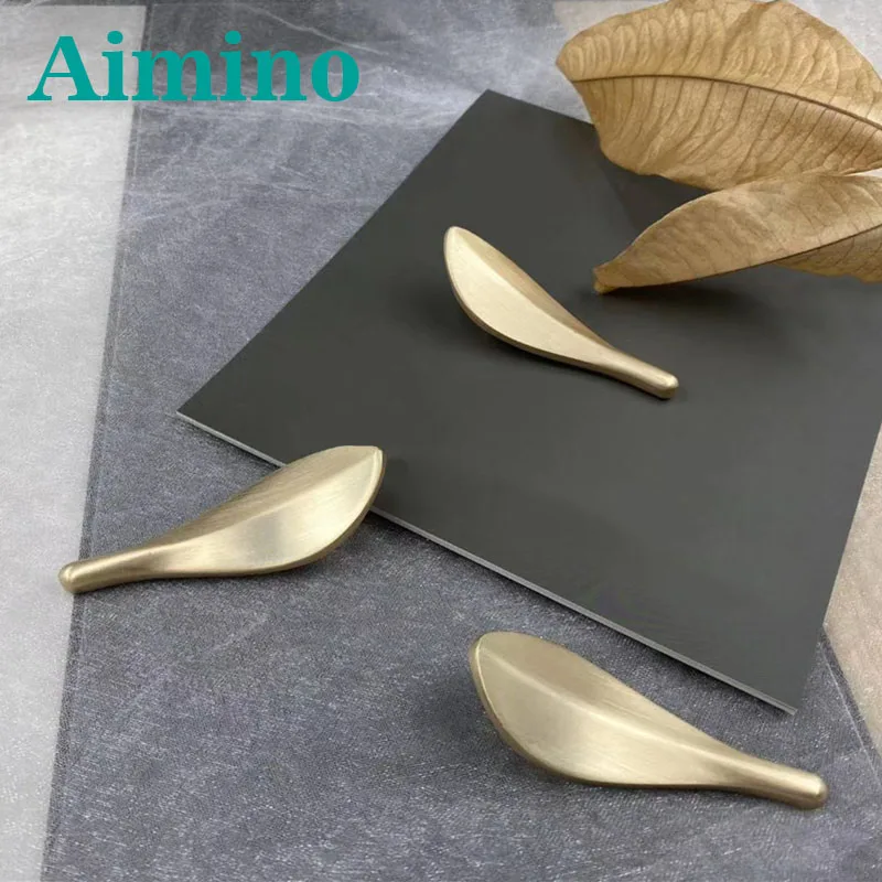 Креативная ручка AIMINO OEM, золотая ручка в форме листа, латунная ручка для ящика, двери шкафа, ручка и ручки для мебели