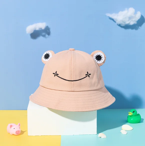 Spring summer cute frog embroidery foldable  cotton woman man bucket hat for outdoor sun  fishing  hiking
