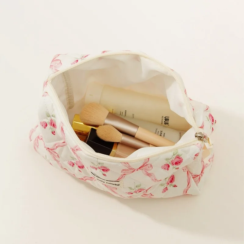 Handmade Quilted Bow Makeup Bag 3PCS Set Pink Gingham Zipper Toiletry Bag Custom Cute Cosmetic Bag Set for Women
