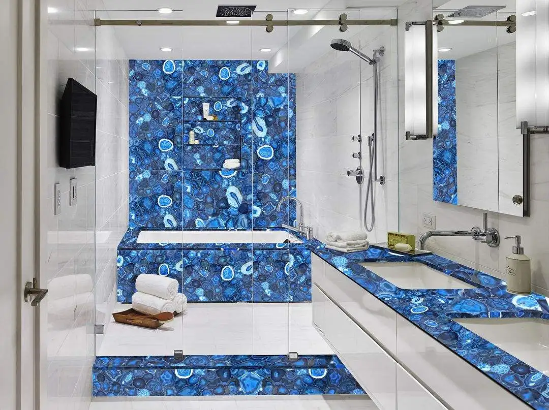 Home Decor Agate Stone Wall Tile Floor Panel Slab Price Luxury Customized Backlight Gemstones Blue Home Decoration Europe Music